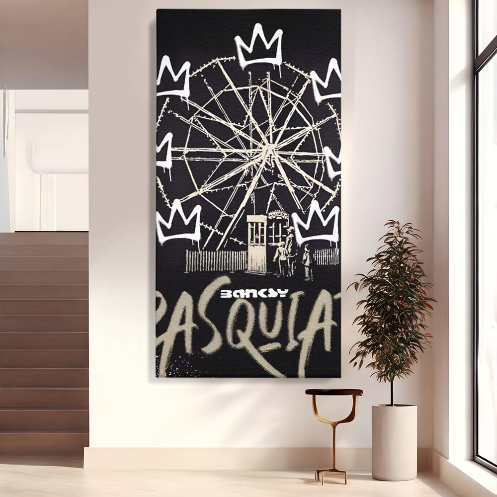 Tablou canvas cu tablou canvas cu graffiti banksy si roata, fara rama, pe sasiu de lemn